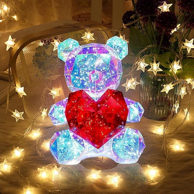 Glowing Teddy Bear Night Light with Heart 3D Crystal Night Light