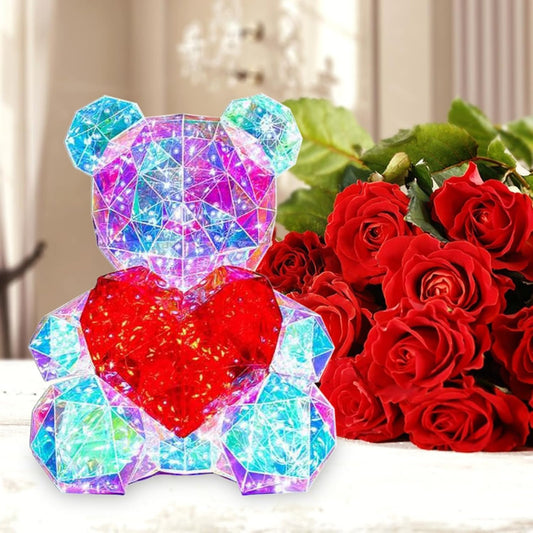 Glowing Teddy Bear Night Light with Heart 3D Crystal Night Light